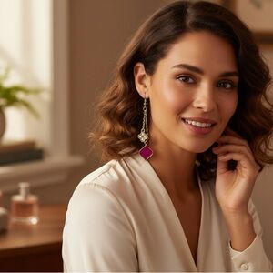 Gold Tone Chain Drop Earrings with Magenta Enamel & Crystal Accents